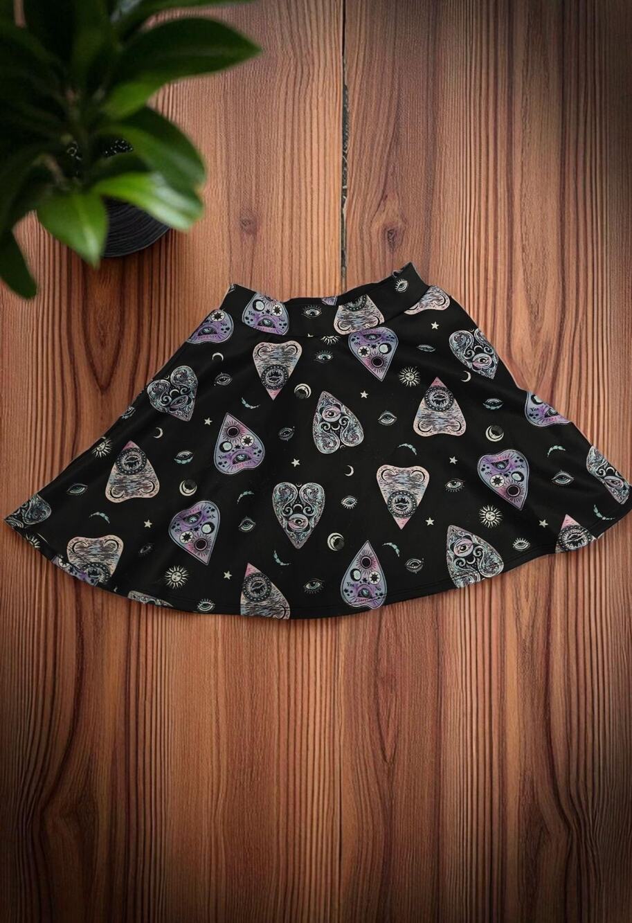 Midnight Hour Black/ Purple Planchett, Eye, Sun, Moon, Feather Goth Skirt Sz XS
